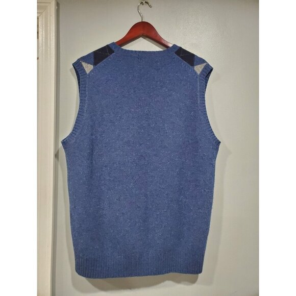 J Crew Vest Sweater Mens Large Blue Check Lambswool V Neck Classic Knit Pullover - Picture 8 of 11